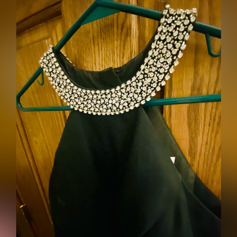 Rachel Allan Black Dress with Rhinestone Neck Detail